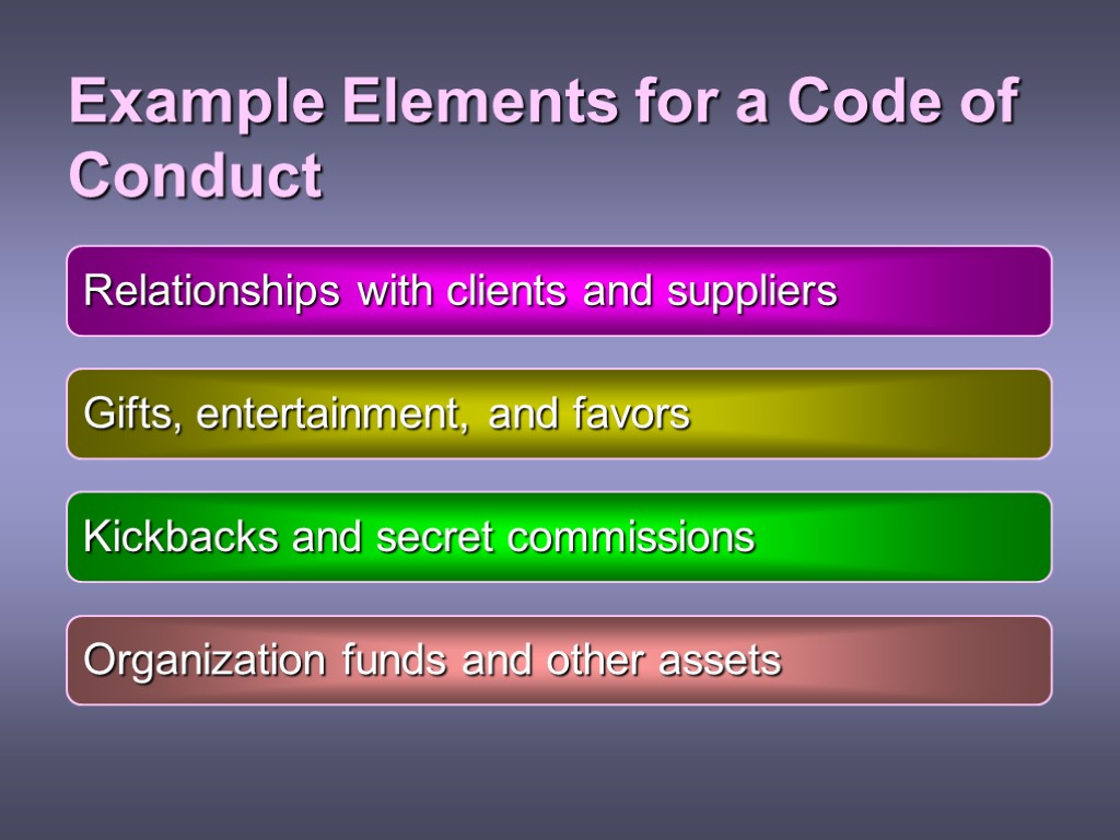 Example Elements for a Code of Conduct Relationships with clients and suppliers Gifts, entertainment,